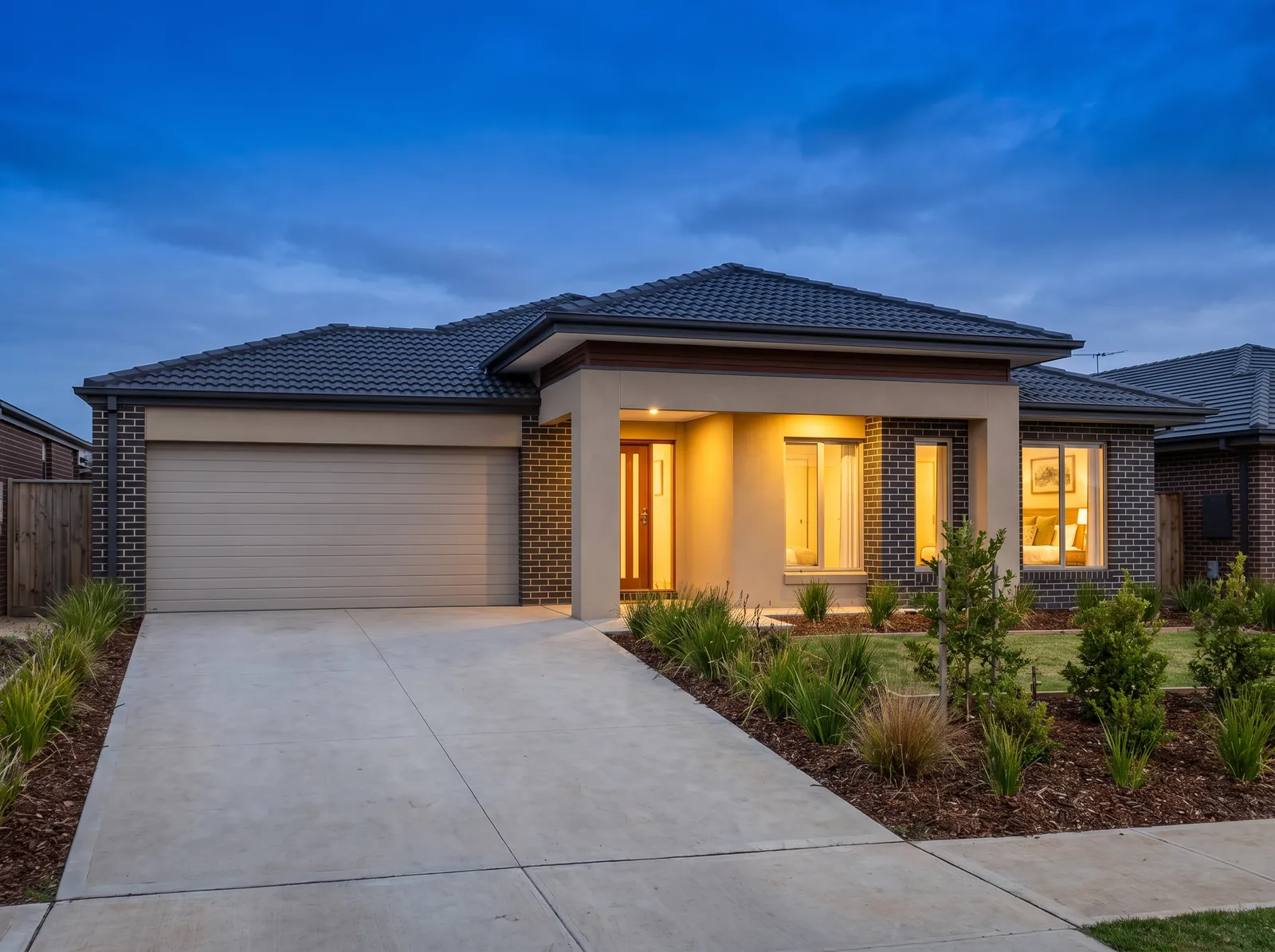 Completed contemporary Australian project-builder home at dusk