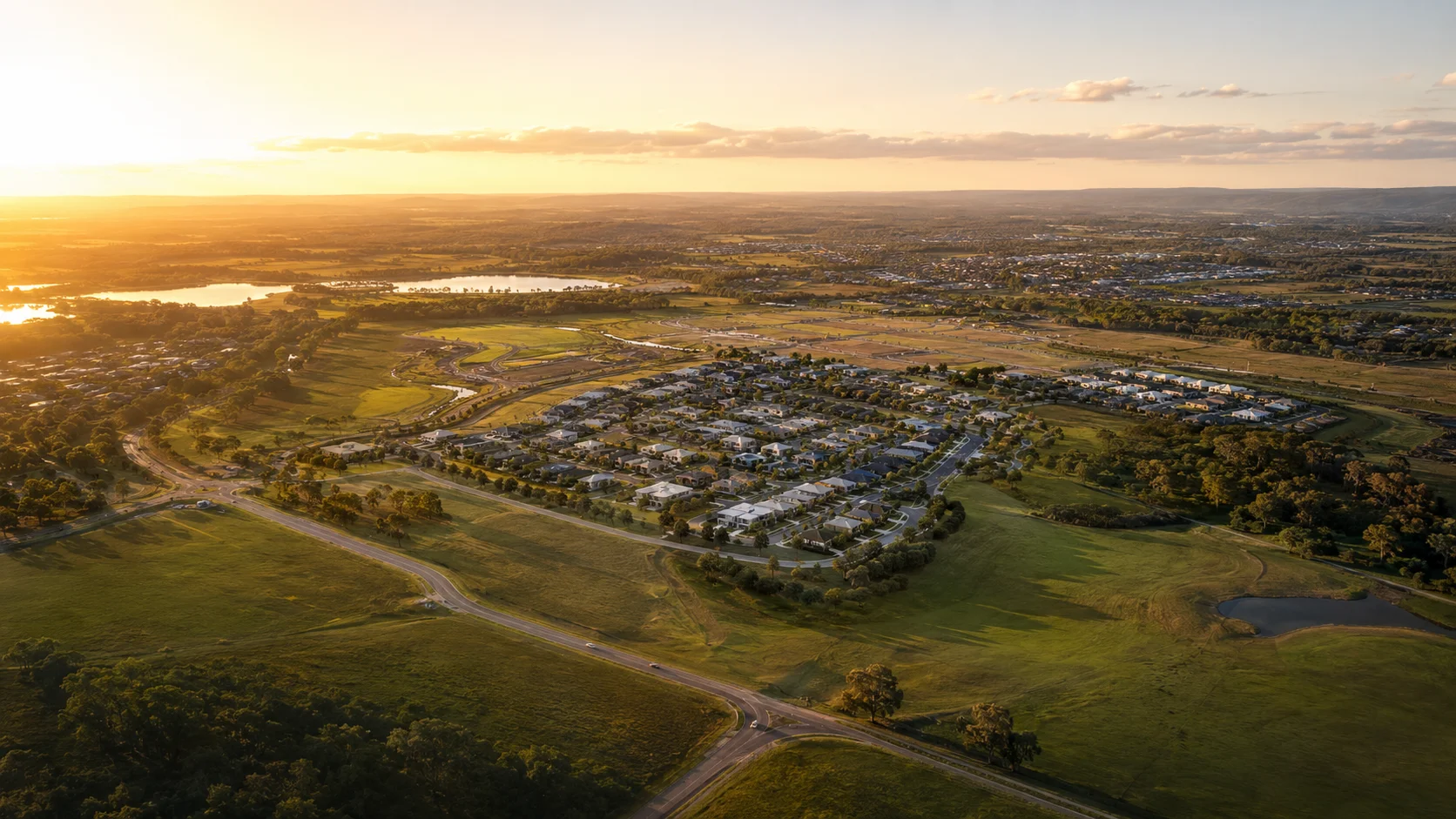 Aerial view of the whole estate at golden hour